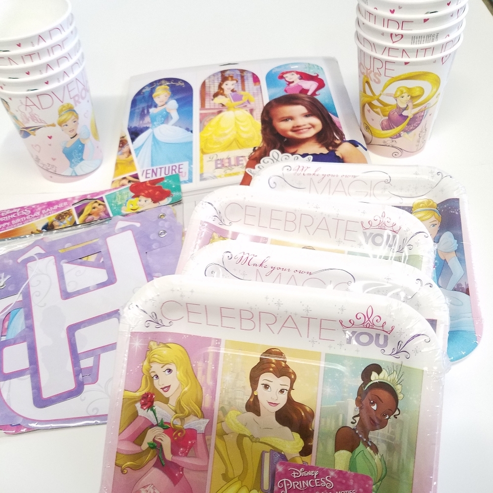 Disney Princess party pack - banner cups plates photobooth kit - Bundle